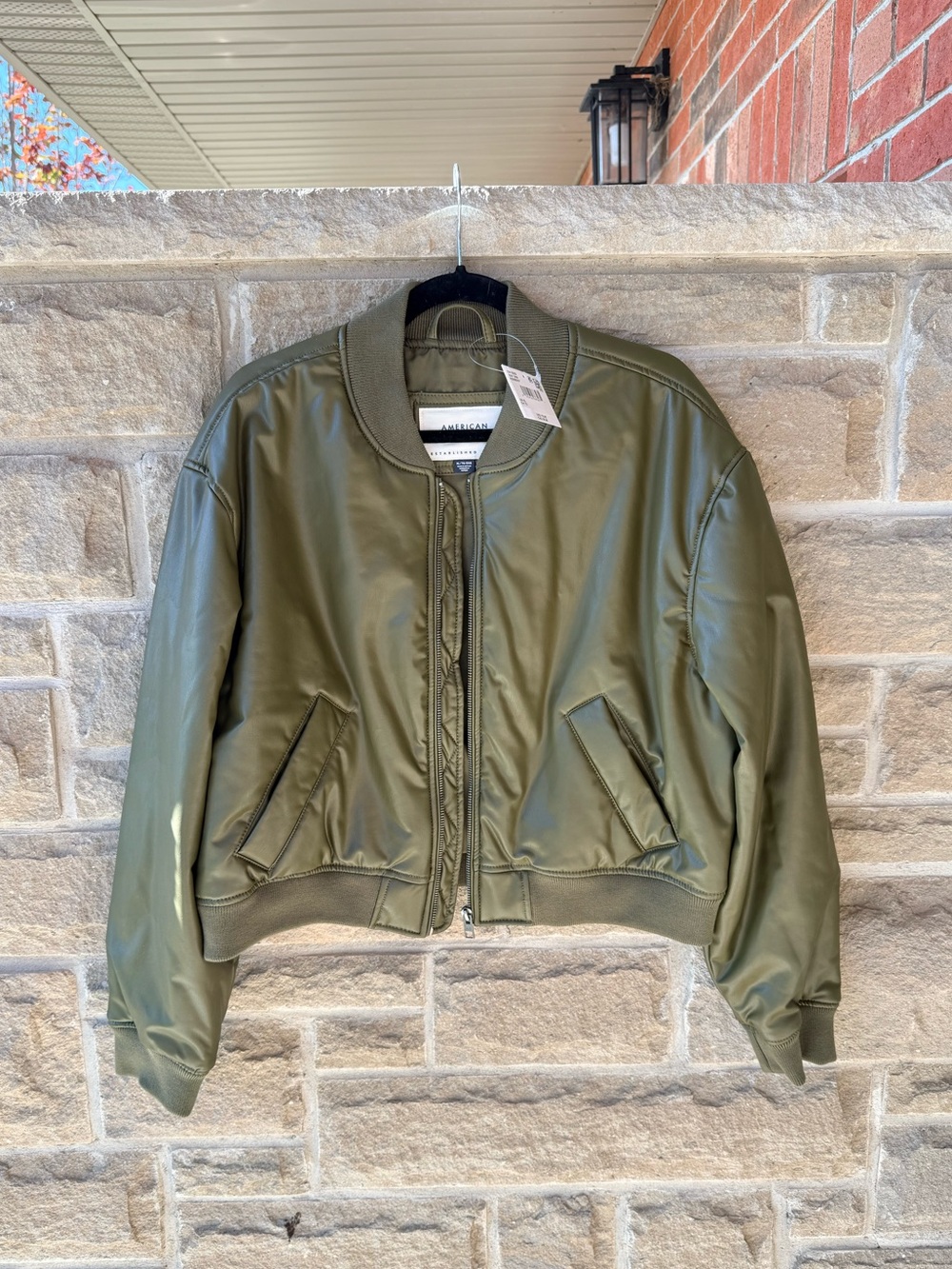 NWT American Eagle Women’s XL Olive Faux Leather Cropped Bomber Jacket